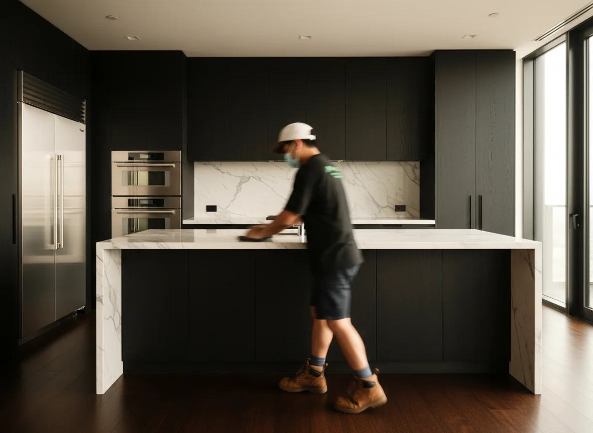 Professional cleaner detailing a luxury kitchen